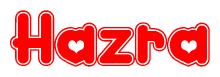 The image is a red and white graphic with the word Hazra written in a decorative script. Each letter in  is contained within its own outlined bubble-like shape. Inside each letter, there is a white heart symbol.