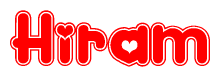 The image is a red and white graphic with the word Hiram written in a decorative script. Each letter in  is contained within its own outlined bubble-like shape. Inside each letter, there is a white heart symbol.