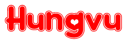 The image is a clipart featuring the word Hungvu written in a stylized font with a heart shape replacing inserted into the center of each letter. The color scheme of the text and hearts is red with a light outline.