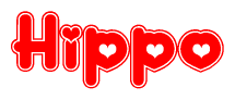 The image is a red and white graphic with the word Hippo written in a decorative script. Each letter in  is contained within its own outlined bubble-like shape. Inside each letter, there is a white heart symbol.