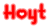 The image is a red and white graphic with the word Hoyt written in a decorative script. Each letter in  is contained within its own outlined bubble-like shape. Inside each letter, there is a white heart symbol.