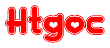 The image is a red and white graphic with the word Htgoc written in a decorative script. Each letter in  is contained within its own outlined bubble-like shape. Inside each letter, there is a white heart symbol.