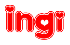 The image is a red and white graphic with the word Ingi written in a decorative script. Each letter in  is contained within its own outlined bubble-like shape. Inside each letter, there is a white heart symbol.