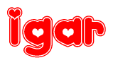 The image is a clipart featuring the word Igar written in a stylized font with a heart shape replacing inserted into the center of each letter. The color scheme of the text and hearts is red with a light outline.