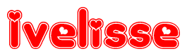 The image is a red and white graphic with the word Ivelisse written in a decorative script. Each letter in  is contained within its own outlined bubble-like shape. Inside each letter, there is a white heart symbol.