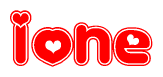 The image is a red and white graphic with the word Ione written in a decorative script. Each letter in  is contained within its own outlined bubble-like shape. Inside each letter, there is a white heart symbol.