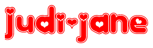 The image is a red and white graphic with the word Judi-jane written in a decorative script. Each letter in  is contained within its own outlined bubble-like shape. Inside each letter, there is a white heart symbol.