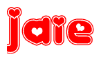 The image is a red and white graphic with the word Jaie written in a decorative script. Each letter in  is contained within its own outlined bubble-like shape. Inside each letter, there is a white heart symbol.