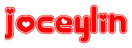The image is a red and white graphic with the word Joceylin written in a decorative script. Each letter in  is contained within its own outlined bubble-like shape. Inside each letter, there is a white heart symbol.