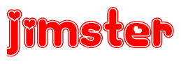 The image is a clipart featuring the word Jimster written in a stylized font with a heart shape replacing inserted into the center of each letter. The color scheme of the text and hearts is red with a light outline.