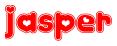 The image is a red and white graphic with the word Jasper written in a decorative script. Each letter in  is contained within its own outlined bubble-like shape. Inside each letter, there is a white heart symbol.
