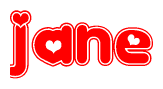 The image is a clipart featuring the word Jane written in a stylized font with a heart shape replacing inserted into the center of each letter. The color scheme of the text and hearts is red with a light outline.