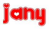 The image is a red and white graphic with the word Jany written in a decorative script. Each letter in  is contained within its own outlined bubble-like shape. Inside each letter, there is a white heart symbol.