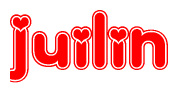 The image is a clipart featuring the word Juilin written in a stylized font with a heart shape replacing inserted into the center of each letter. The color scheme of the text and hearts is red with a light outline.