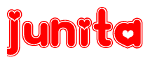 The image is a red and white graphic with the word Junita written in a decorative script. Each letter in  is contained within its own outlined bubble-like shape. Inside each letter, there is a white heart symbol.