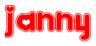 The image is a clipart featuring the word Janny written in a stylized font with a heart shape replacing inserted into the center of each letter. The color scheme of the text and hearts is red with a light outline.