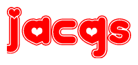 The image is a clipart featuring the word Jacqs written in a stylized font with a heart shape replacing inserted into the center of each letter. The color scheme of the text and hearts is red with a light outline.