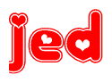 The image is a clipart featuring the word Jed written in a stylized font with a heart shape replacing inserted into the center of each letter. The color scheme of the text and hearts is red with a light outline.