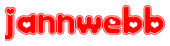 The image is a clipart featuring the word Jannwebb written in a stylized font with a heart shape replacing inserted into the center of each letter. The color scheme of the text and hearts is red with a light outline.
