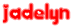 The image is a red and white graphic with the word Jadelyn written in a decorative script. Each letter in  is contained within its own outlined bubble-like shape. Inside each letter, there is a white heart symbol.