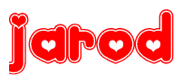 The image is a clipart featuring the word Jarod written in a stylized font with a heart shape replacing inserted into the center of each letter. The color scheme of the text and hearts is red with a light outline.