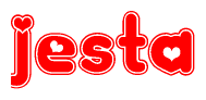 The image is a red and white graphic with the word Jesta written in a decorative script. Each letter in  is contained within its own outlined bubble-like shape. Inside each letter, there is a white heart symbol.