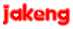 The image is a clipart featuring the word Jakeng written in a stylized font with a heart shape replacing inserted into the center of each letter. The color scheme of the text and hearts is red with a light outline.