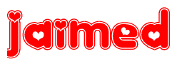 The image is a clipart featuring the word Jaimed written in a stylized font with a heart shape replacing inserted into the center of each letter. The color scheme of the text and hearts is red with a light outline.