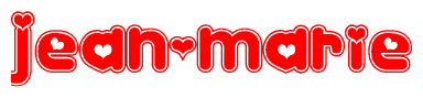 The image is a red and white graphic with the word Jean-marie written in a decorative script. Each letter in  is contained within its own outlined bubble-like shape. Inside each letter, there is a white heart symbol.