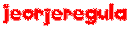The image displays the word Jeorjeregula written in a stylized red font with hearts inside the letters.