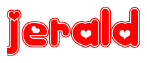 The image is a red and white graphic with the word Jerald written in a decorative script. Each letter in  is contained within its own outlined bubble-like shape. Inside each letter, there is a white heart symbol.