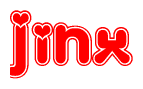The image is a clipart featuring the word Jinx written in a stylized font with a heart shape replacing inserted into the center of each letter. The color scheme of the text and hearts is red with a light outline.
