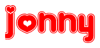 The image is a red and white graphic with the word Jonny written in a decorative script. Each letter in  is contained within its own outlined bubble-like shape. Inside each letter, there is a white heart symbol.