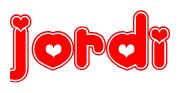   The image is a clipart featuring the word Jordi written in a stylized font with a heart shape replacing inserted into the center of each letter. The color scheme of the text and hearts is red with a light outline. 