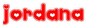   The image is a red and white graphic with the word Jordana written in a decorative script. Each letter in  is contained within its own outlined bubble-like shape. Inside each letter, there is a white heart symbol. 