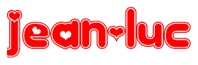 The image is a red and white graphic with the word Jean-luc written in a decorative script. Each letter in  is contained within its own outlined bubble-like shape. Inside each letter, there is a white heart symbol.