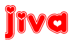 The image is a clipart featuring the word Jiva written in a stylized font with a heart shape replacing inserted into the center of each letter. The color scheme of the text and hearts is red with a light outline.