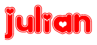 The image is a red and white graphic with the word Julian written in a decorative script. Each letter in  is contained within its own outlined bubble-like shape. Inside each letter, there is a white heart symbol.