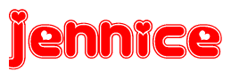 The image is a clipart featuring the word Jennice written in a stylized font with a heart shape replacing inserted into the center of each letter. The color scheme of the text and hearts is red with a light outline.
