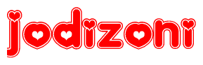   The image is a clipart featuring the word Jodizoni written in a stylized font with a heart shape replacing inserted into the center of each letter. The color scheme of the text and hearts is red with a light outline. 