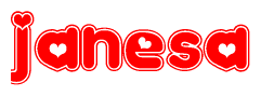 The image is a red and white graphic with the word Janesa written in a decorative script. Each letter in  is contained within its own outlined bubble-like shape. Inside each letter, there is a white heart symbol.