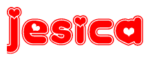 The image is a red and white graphic with the word Jesica written in a decorative script. Each letter in  is contained within its own outlined bubble-like shape. Inside each letter, there is a white heart symbol.