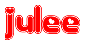 The image is a red and white graphic with the word Julee written in a decorative script. Each letter in  is contained within its own outlined bubble-like shape. Inside each letter, there is a white heart symbol.