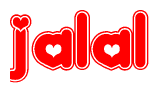 The image is a clipart featuring the word Jalal written in a stylized font with a heart shape replacing inserted into the center of each letter. The color scheme of the text and hearts is red with a light outline.