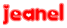 The image is a red and white graphic with the word Jeanel written in a decorative script. Each letter in  is contained within its own outlined bubble-like shape. Inside each letter, there is a white heart symbol.