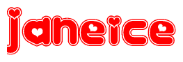 The image is a red and white graphic with the word Janeice written in a decorative script. Each letter in  is contained within its own outlined bubble-like shape. Inside each letter, there is a white heart symbol.