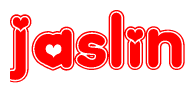 The image is a red and white graphic with the word Jaslin written in a decorative script. Each letter in  is contained within its own outlined bubble-like shape. Inside each letter, there is a white heart symbol.