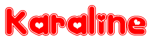The image is a clipart featuring the word Karaline written in a stylized font with a heart shape replacing inserted into the center of each letter. The color scheme of the text and hearts is red with a light outline.
