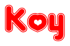 The image displays the word Koy written in a stylized red font with hearts inside the letters.