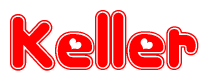 The image is a red and white graphic with the word Keller written in a decorative script. Each letter in  is contained within its own outlined bubble-like shape. Inside each letter, there is a white heart symbol.